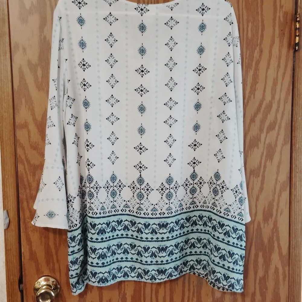 Style & Co. White Tunic with Blue and Black Print and Tassel Tie - Picture 3 of 3